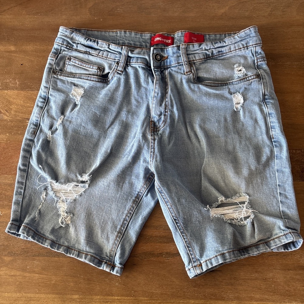 Ring of Fire Shorts Mens 32 Blue Denim Jorts Distressed Y2K Stretch Light Wash